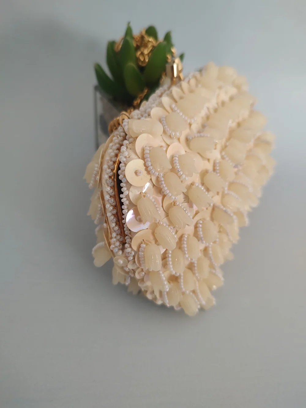 Elegant Cream Sequin Evening Clutch with Gold Chain